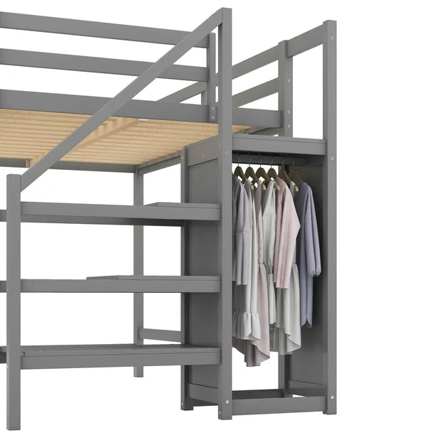 EUROCO Full Size Loft Bed with Storage Wardrobe and Shelf, Gray