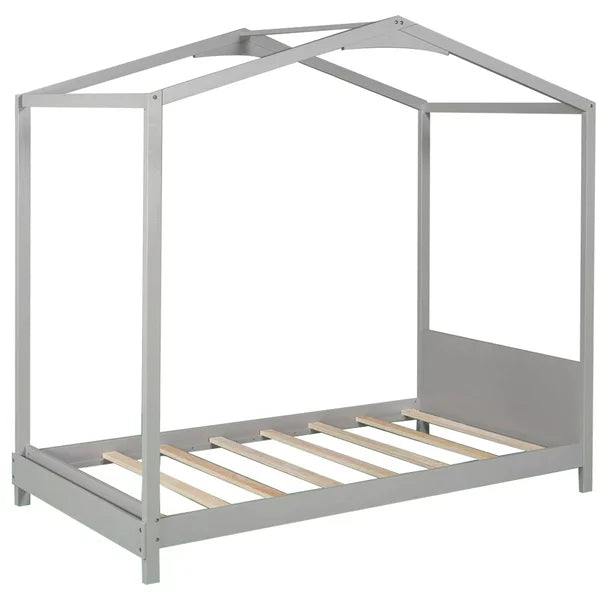 EUROCO Wood Twin Size House Bed with Roof for Kids, Gray