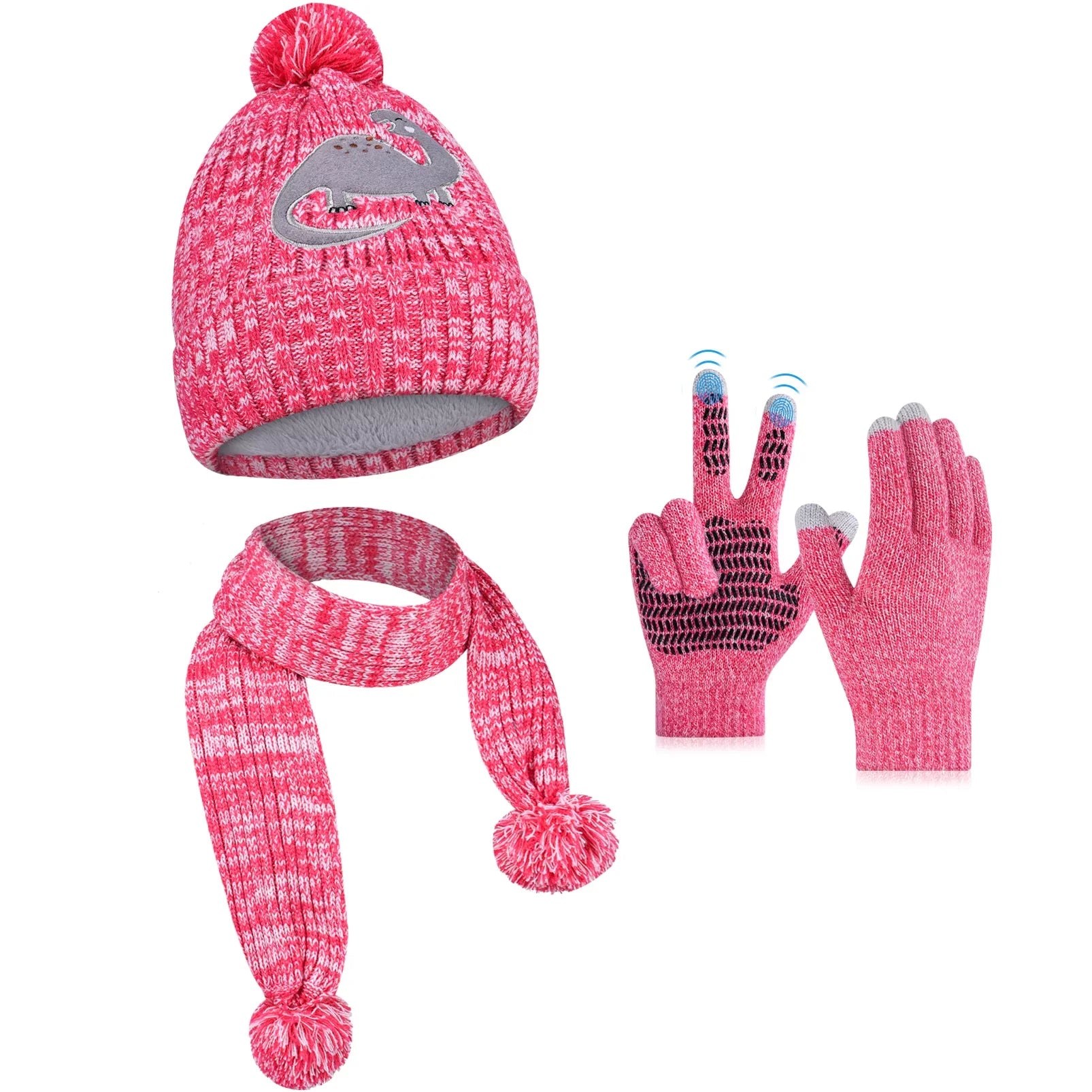 Vbiger Kids Winter Hat Scarf Gloves Set 3pcs Warm Knit Beanie Cap Circle Scarf Mitten with Fleece Lining for Children 5-10 Years Old, Pink