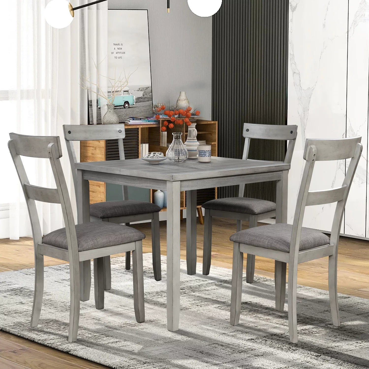EUROCO 4 Person Modern Farmhouse Wood Small Dining Table Dining Room Kitchen Table Set Dining 4 Chairs Set, 35 Inch, Grey