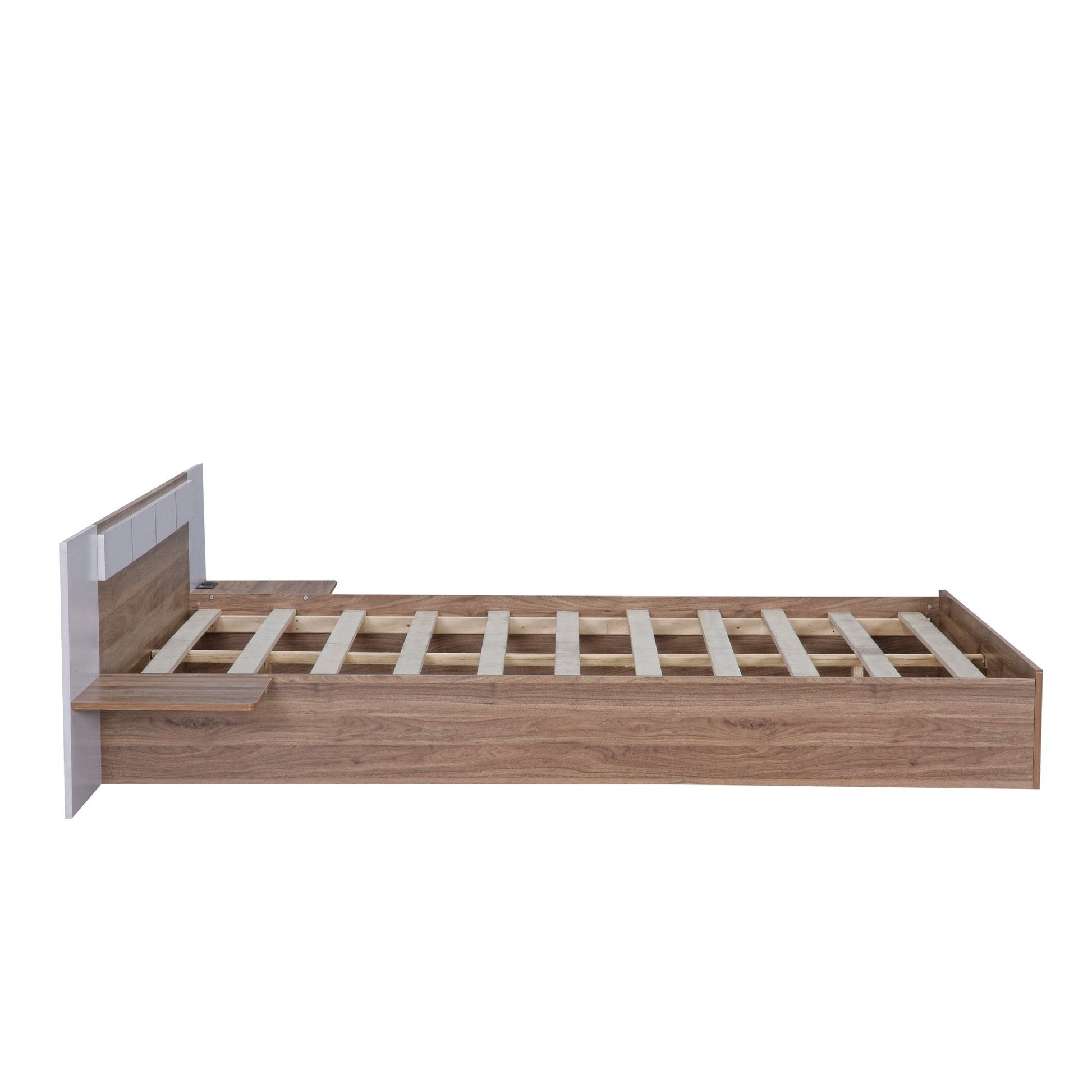 Euroco Wood Queen Size Platform Bed with Shelf and Charging Station, Natural