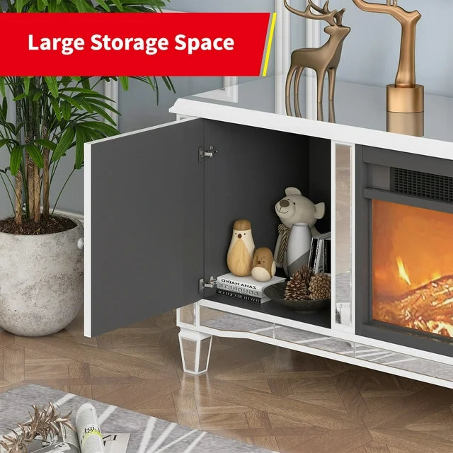 Puremind Mirrored TV Stand for 65+Inch TV, Mirrored Electric Fireplace TV Stand, Mantel Freestanding Heater/7 Colors 3D Realistic Flame Effect, Entertainment Center Furniture for Living Room, Silver