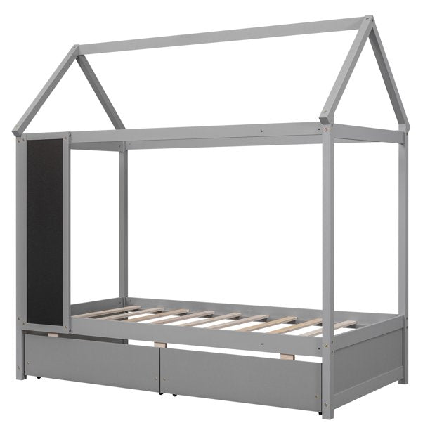 Euroco Twin Size House Bed with Drawers and Blackboard for Kids, Gray