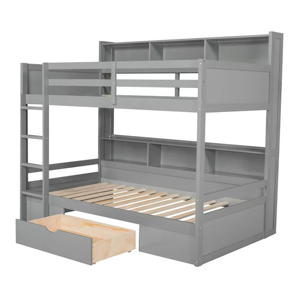 Modern Wood Twin Bunk bed with Shelves and Drawer for Kids Room, Gray