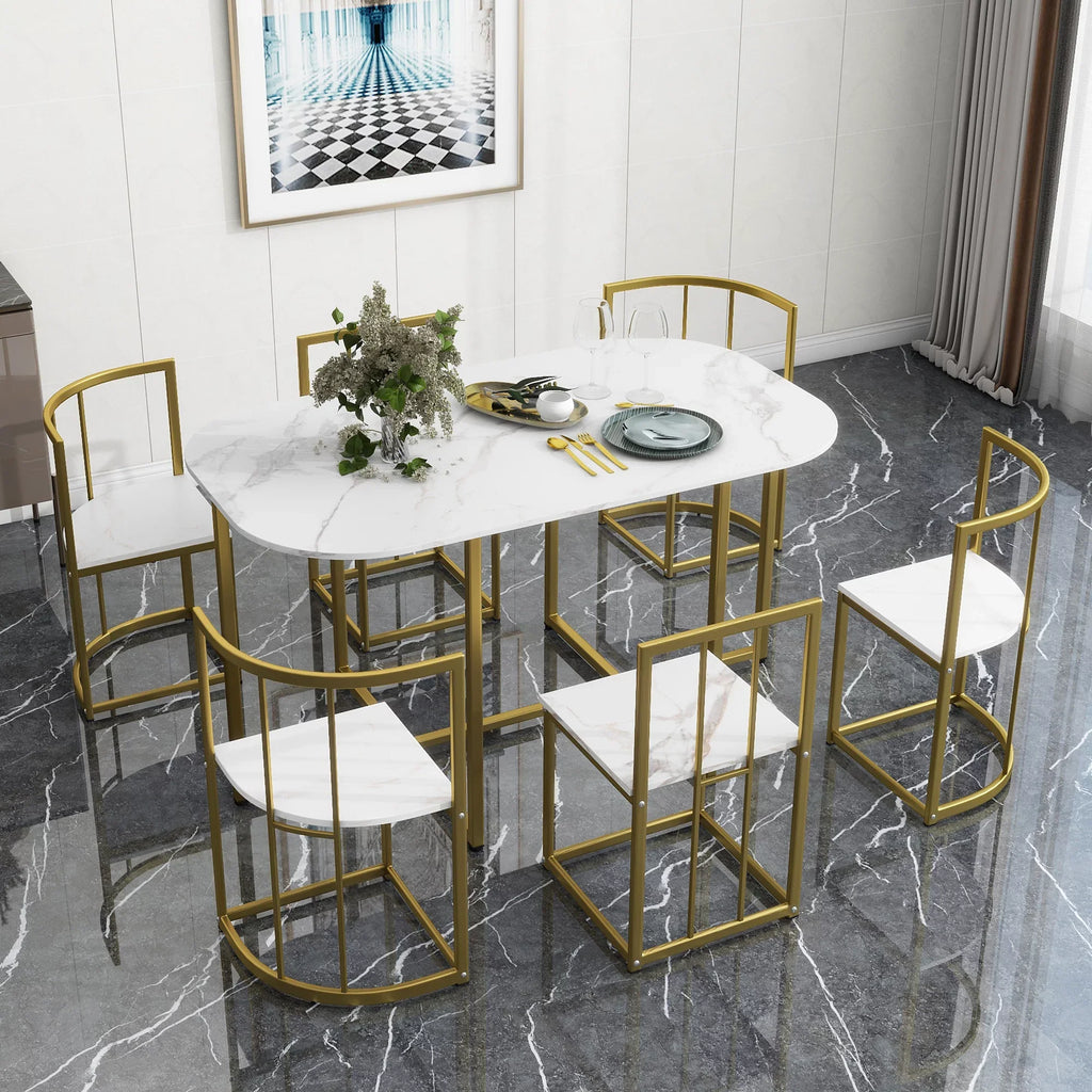 EUROCO 55"L Modern 7-Piece Dining Table Set with Faux Marble Compact, Kitchen Table Set for 6, Golden+White