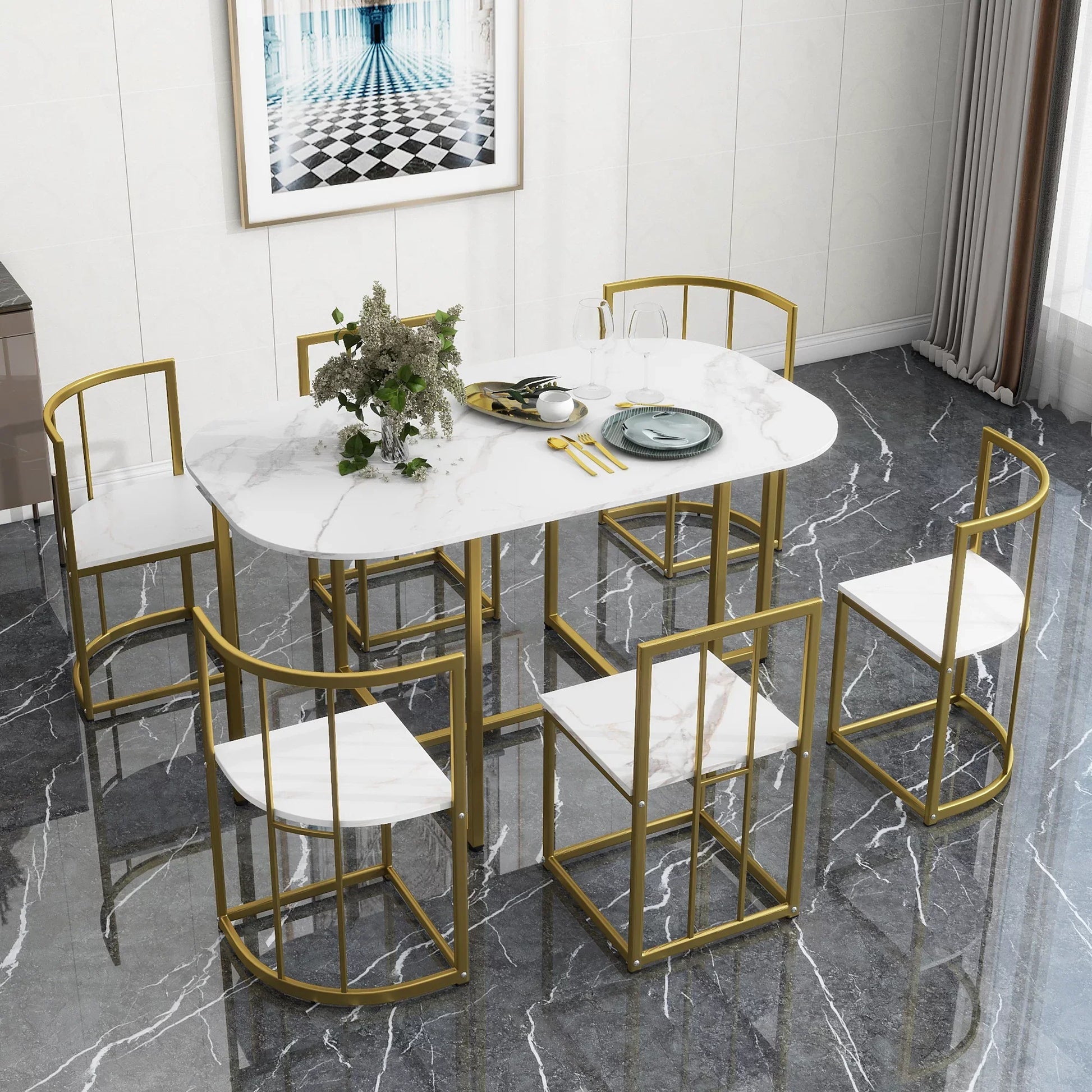 EUROCO 55"L Modern 7-Piece Dining Table Set with Faux Marble Compact, Kitchen Table Set for 6, Golden+White