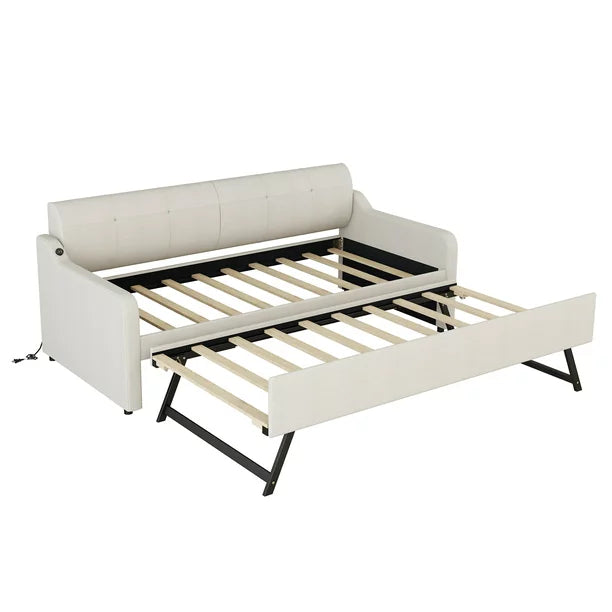 EUROCO Twin Size Upholstery DayBed with Convertible Trundle and USB Charging Station, Beige