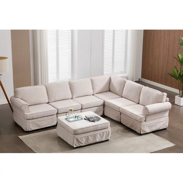 Euroco Fabric Sofa L shaped Upholstered Modular Sofa Collection, Sectional Couch with Removable Ottoman for Living Room, Beige, 108" x 84"