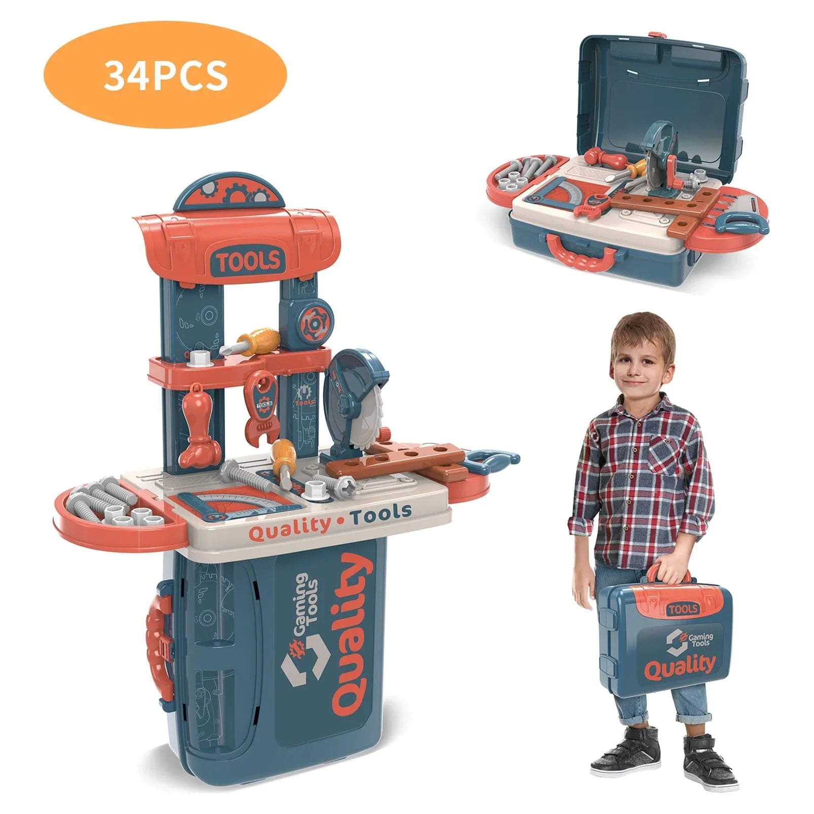 Kids Tool Set for Boys, 34 Pcs Kids Tool Bench Play Set, Toddler Workbench Tools Set for Boys Girls Ages 2 3 4 5+, Kids Pretend Play Toy for Christmas Birthday Gifts