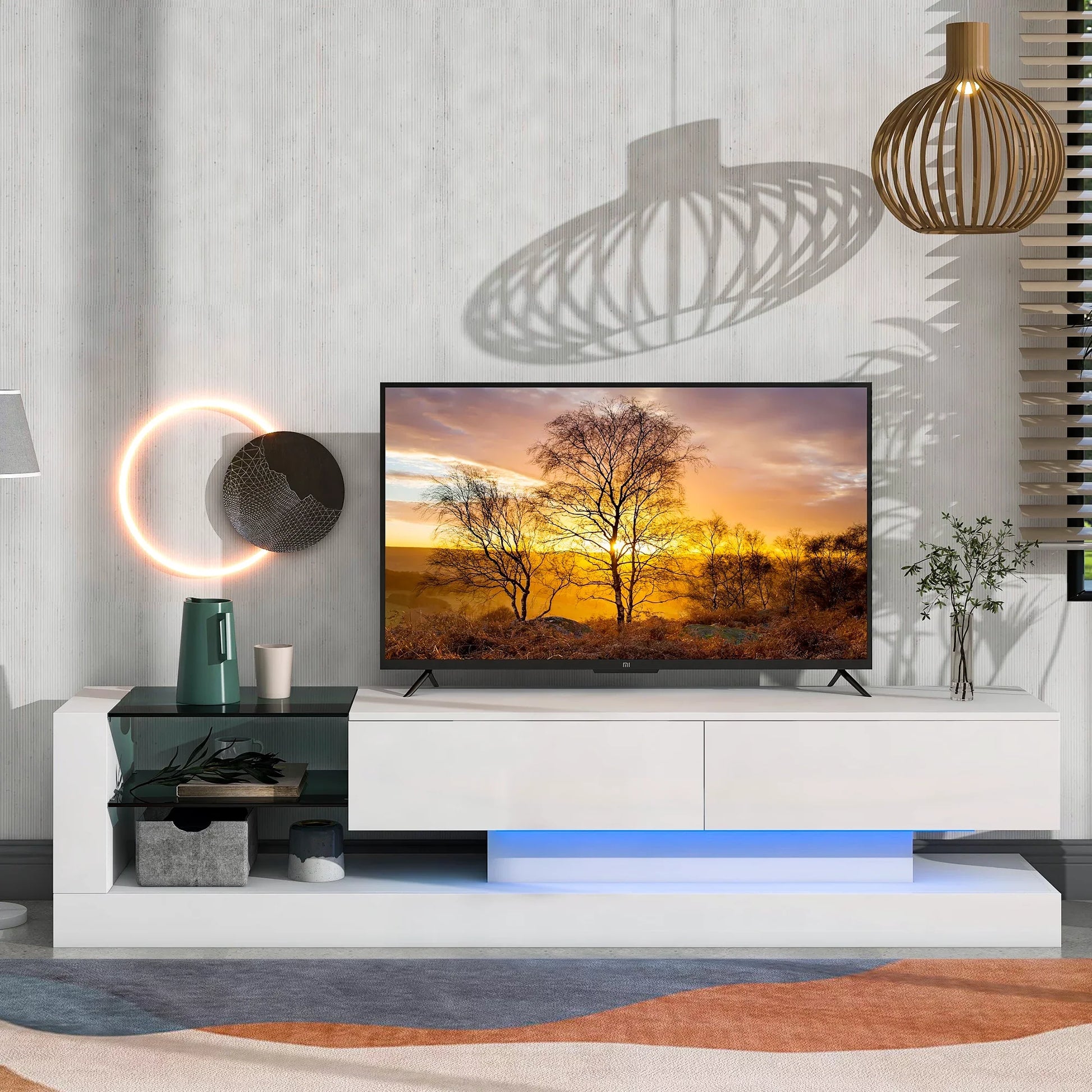 EUROCO TV Stand Up to 75", Modern High Gloss Entertainment Center with LED Changing Lights and 2 Media Storage Cabinets for Living Room