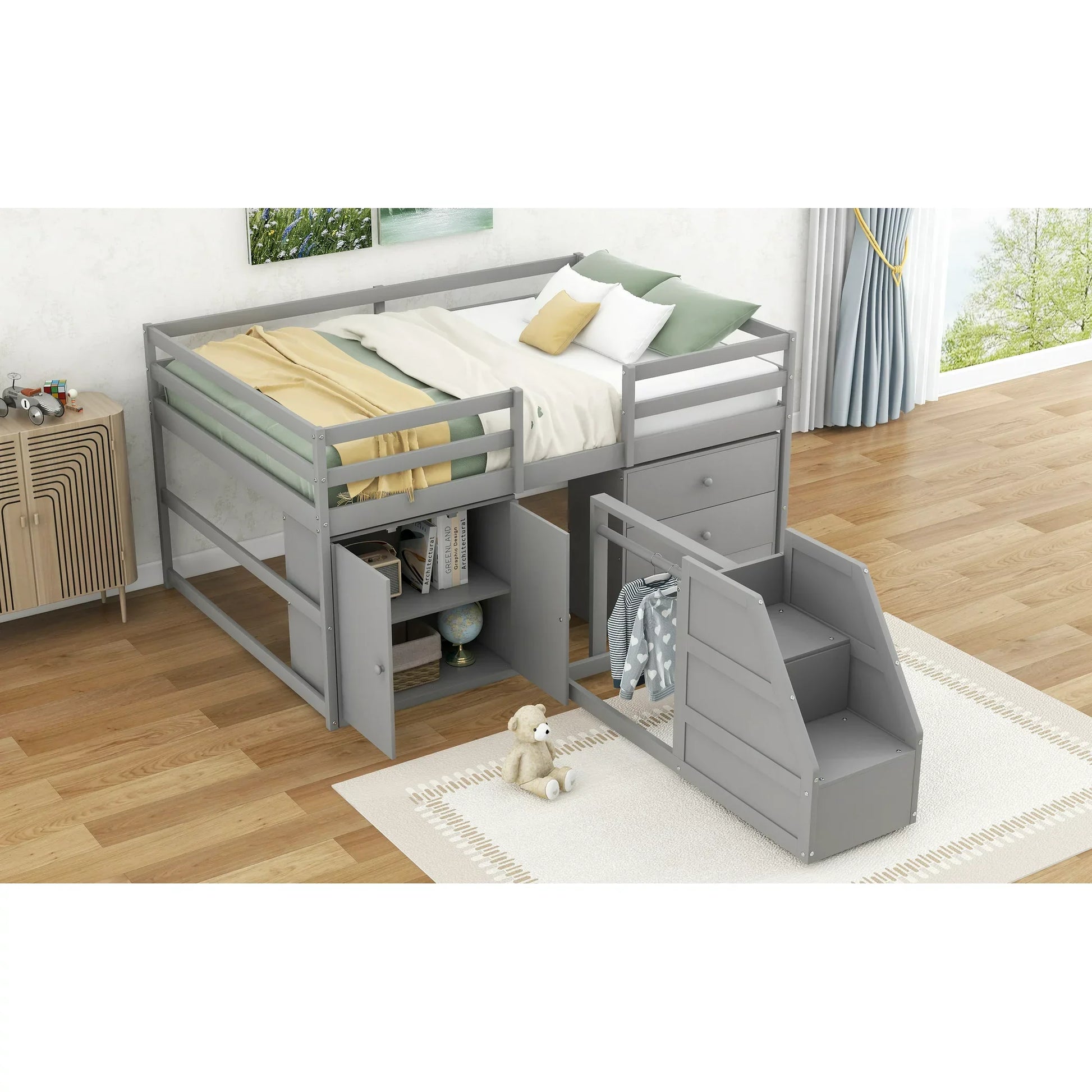 Pine Wood Full Size Loft Bed with Cabinet, Drawers and Clothes Hanger for Kids, Gray