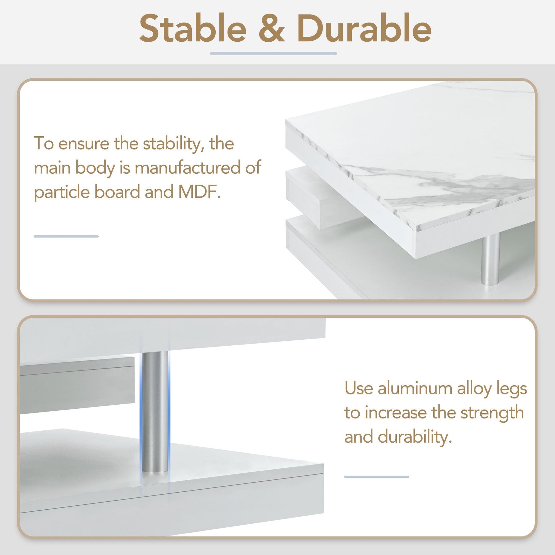 EUROCO 39.3" 2-Tier Coffee Table with Silver Metal Legs, Rectangle Cocktail Table with High-gloss UV Surface, Minimalist Design Center Table for Living Room, White