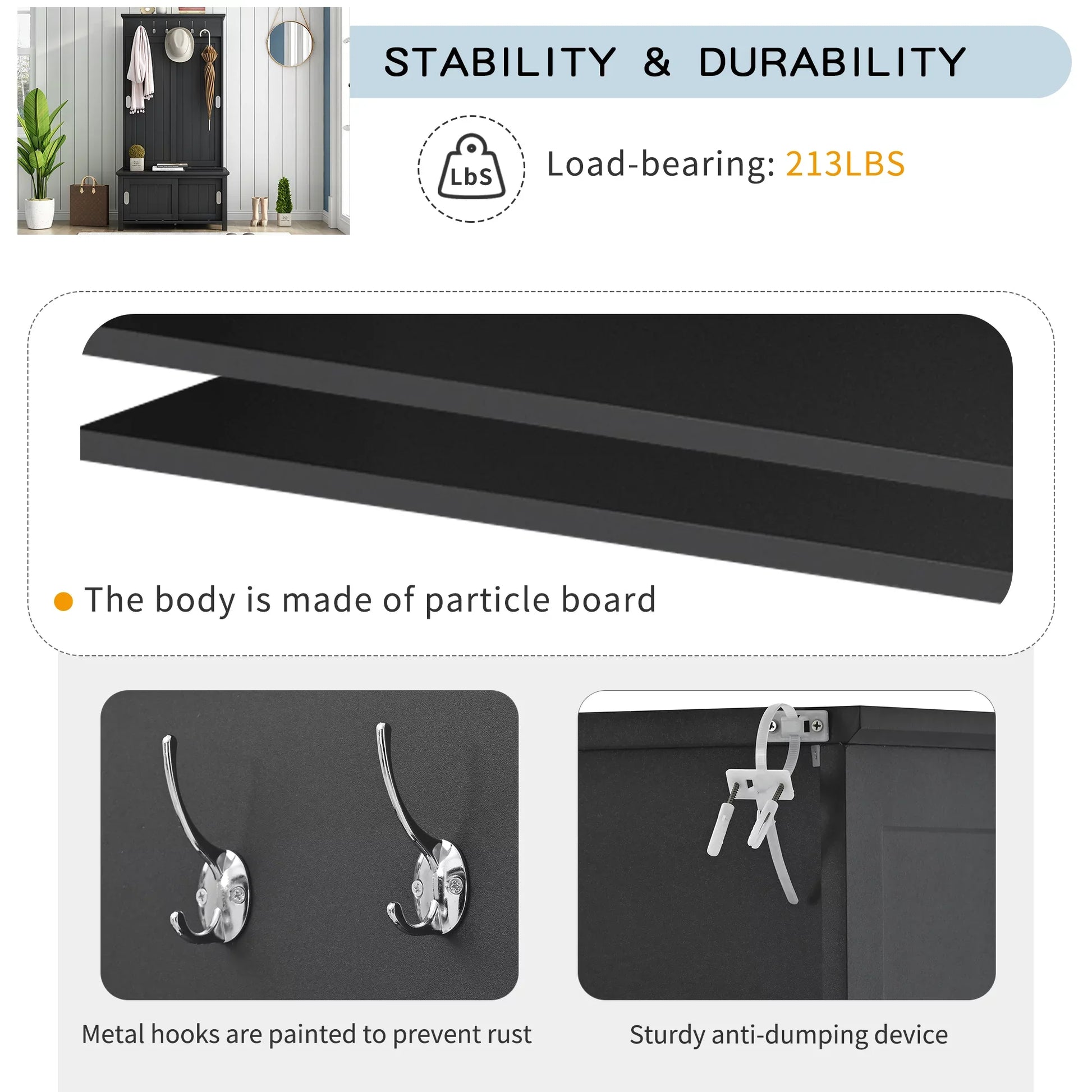 EUROCO 70" Hall Tree Entryway Storage Bench Coat Rack with Hanging Hooks & Shelves(Black)