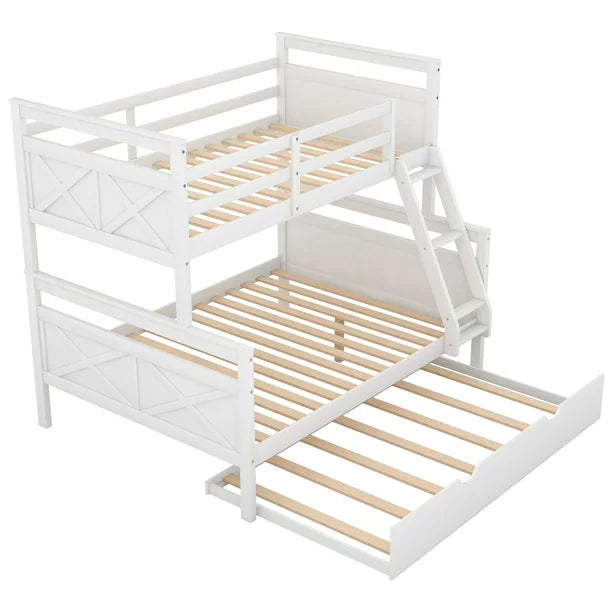 Euroco Wood Twin over Full Bunk Bed with Trundle for Kids & Adults for Bedrooms, White