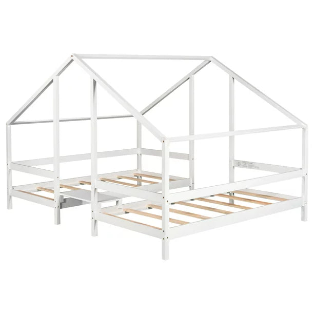Wood Twin House Two Beds in One with Movable Desk for Kids Bedroom, White