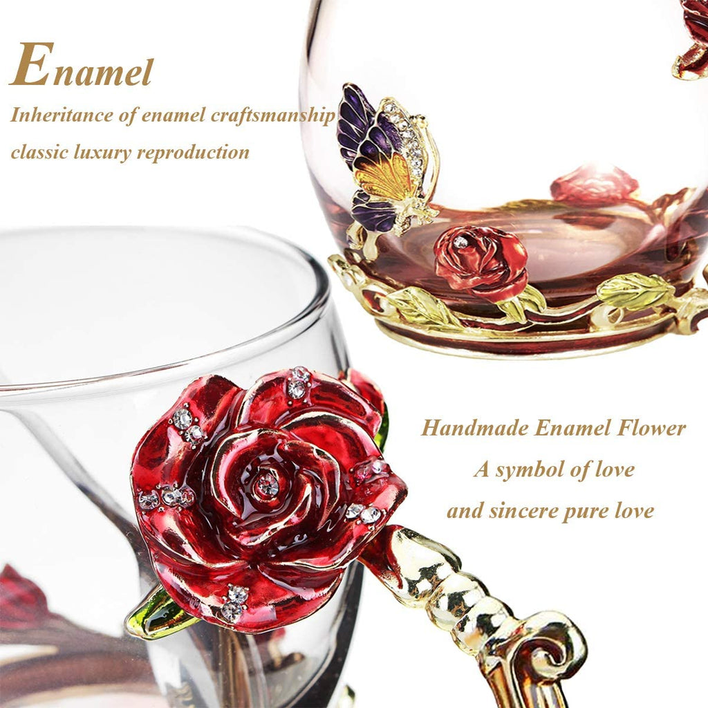 Valentine's Day Gifts for Her Mom Women Mother's Day Glass Coffee Enamel Mug, Best Birthday Gifts from Daughter Son, Lead-Free Butterfly Red Rose Tea Cup with Spoon Set