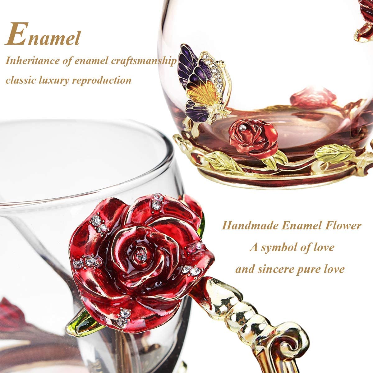 Valentine's Day Gifts for Her Mom Women Mother's Day Glass Coffee Enamel Mug, Best Birthday Gifts from Daughter Son, Lead-Free Butterfly Red Rose Tea Cup with Spoon Set