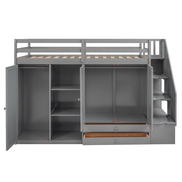 Wood Twin Loft Bed with Wardrobe, Shelf and Drawers for Bedroom, Gray