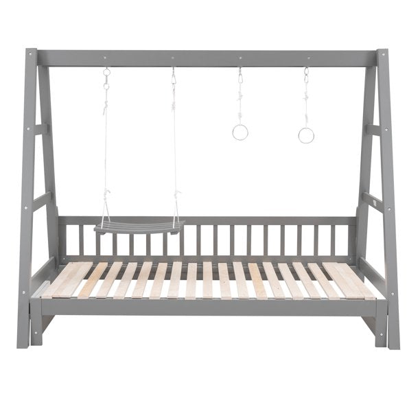 Euroco Twin Size Convertible Daybed with Swing and Ring Handles for Kids, Gray