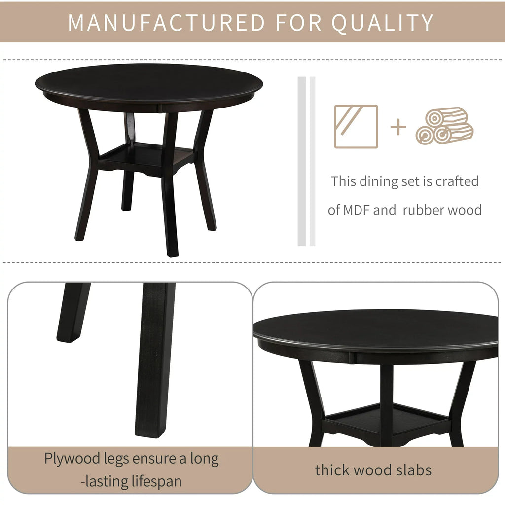 Euroco 42" 5-Piece Kitchen Dining Table Set Round Table with Bottom Shelf, 4 Upholstered Chairs for Dining Room（Espresso）