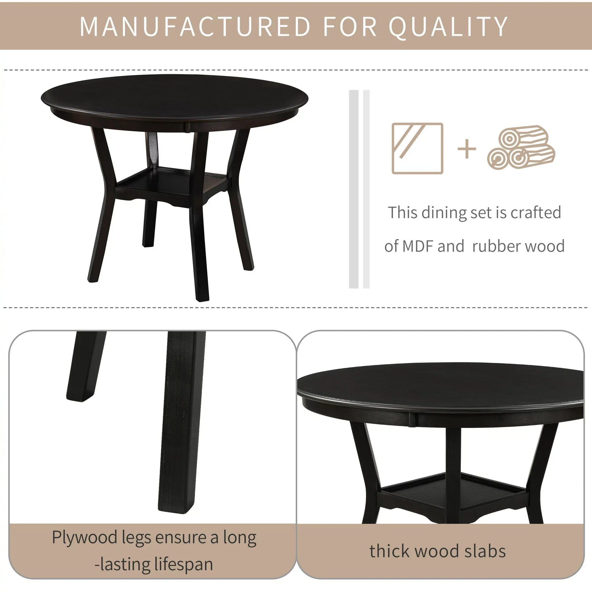 Euroco 42" 5-Piece Kitchen Dining Table Set Round Table with Bottom Shelf, 4 Upholstered Chairs for Dining Room（Espresso）