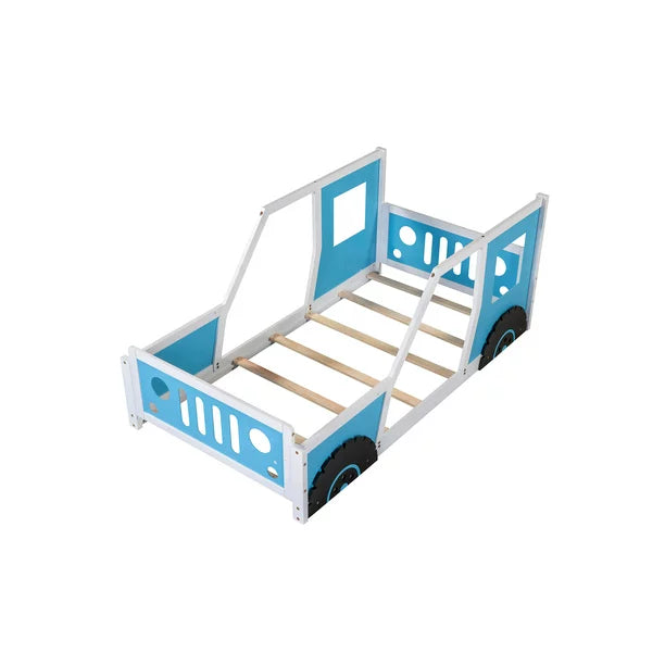 Car-Shaped Twin Size Wood Platform Bed for Kids’ Bedroom, Blue
