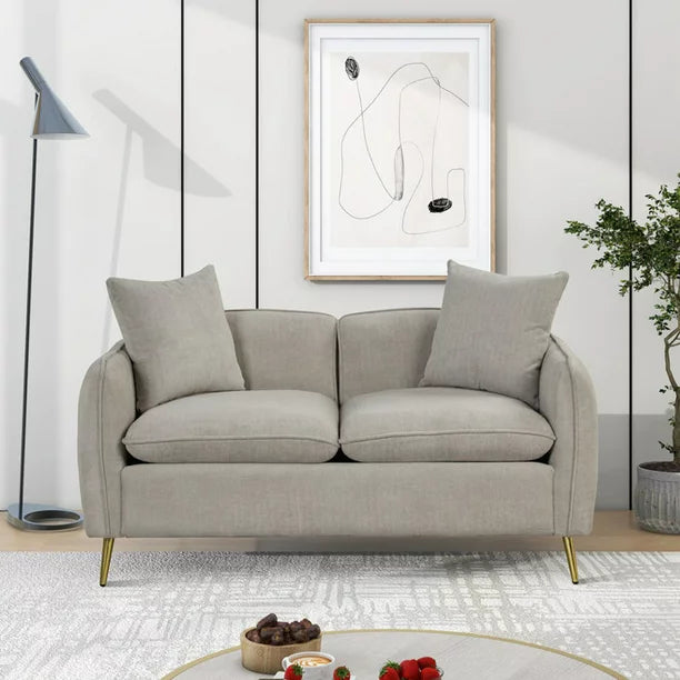 Euroco Velvet Loveseat Sofa, Upholstered Loveseat Couch with 2 Pillows Modern Sofa with Golden Metal Legs for Living Room, Apartment, Gray, 57.8"