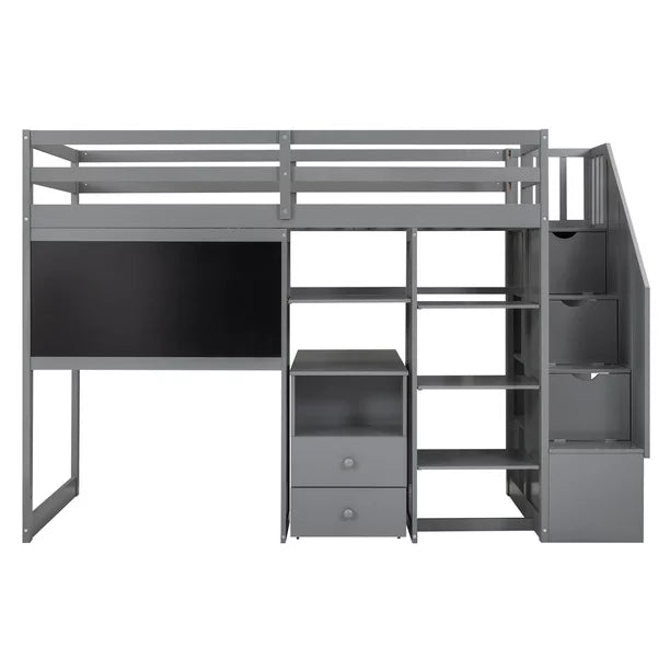 Pine Wood Loft Bed with Storage Staircase, Desk, Drawers and Blackboard for Kids, Twin, Gray