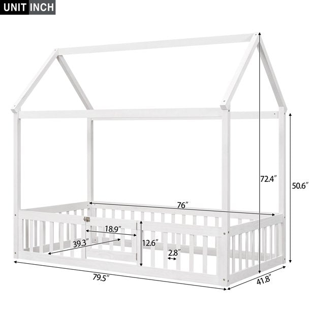 Euroco Twin Size Low House Bed with Fence and Door, White