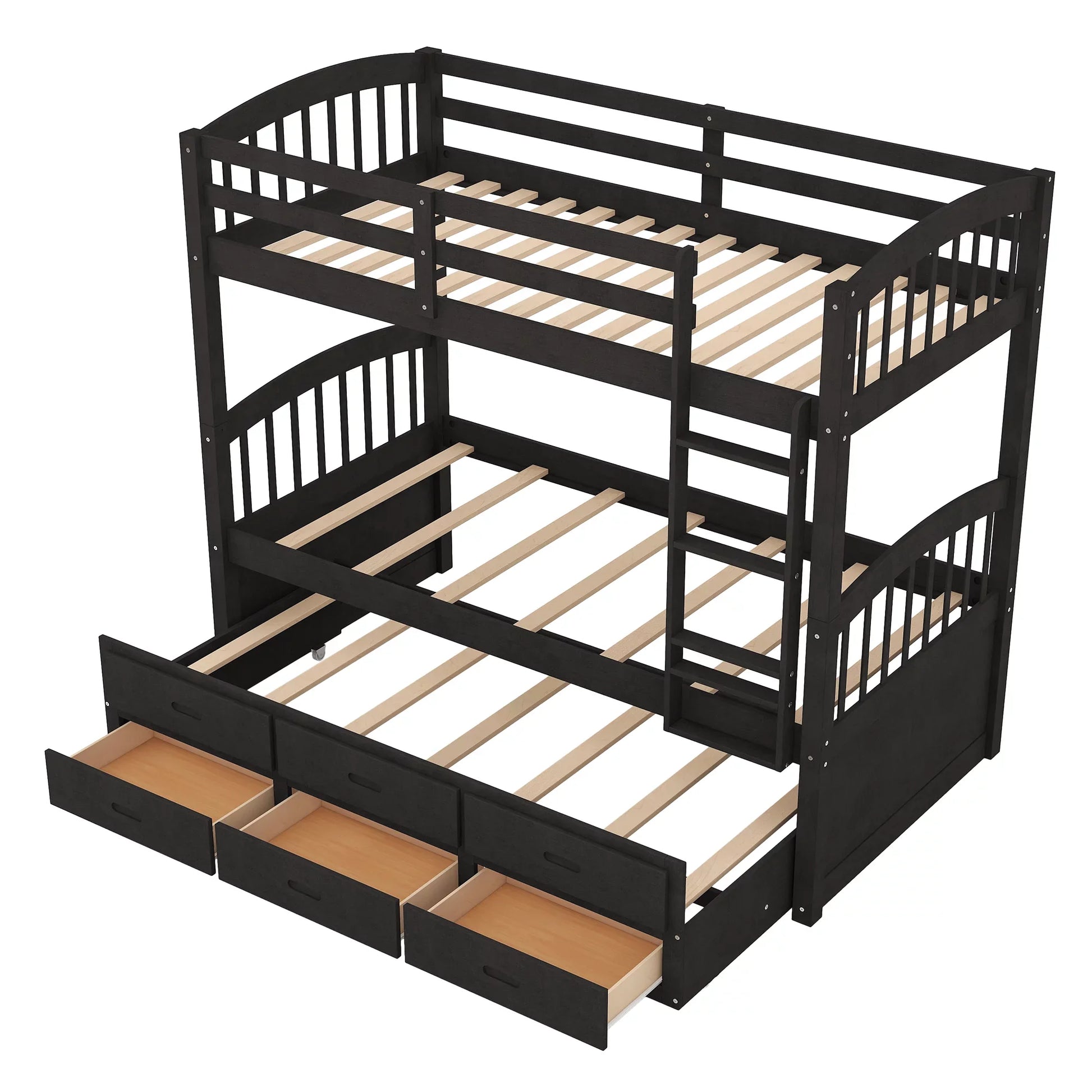 Euroco Twin Over Twin Wood Bunk Bed with Trundle and Drawers for Bedroom, Dark Brown