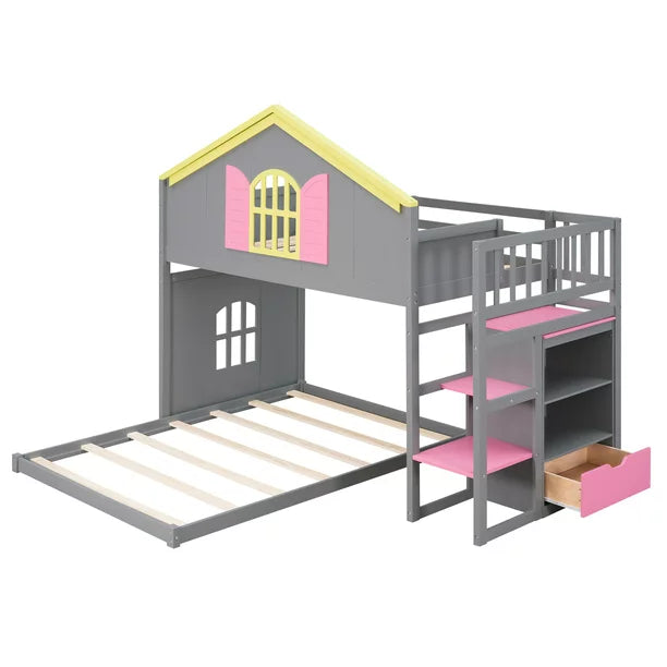 Twin over Full House Bunk Bed with Shelf and Drawer for Kids, Gray