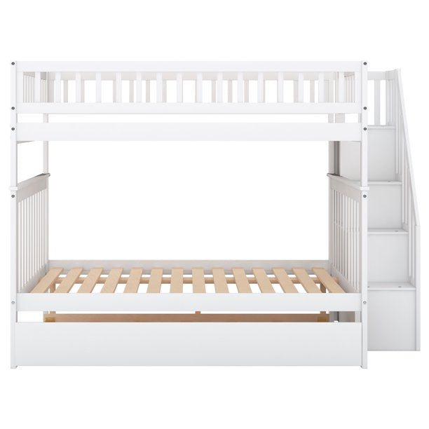 Euroco Full over Full Bunk Bed with Trundle and Storage Shelves for Kids, White