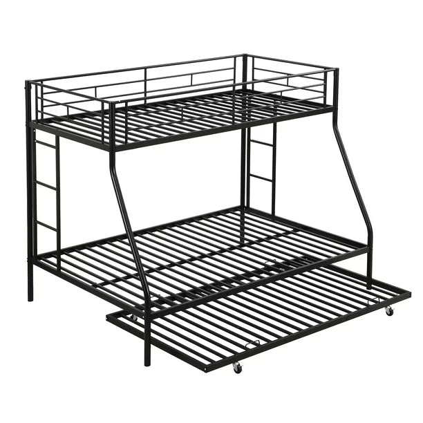 Euroco Steel Twin over Full Bunk Bed with Trundle & Ladders, Black