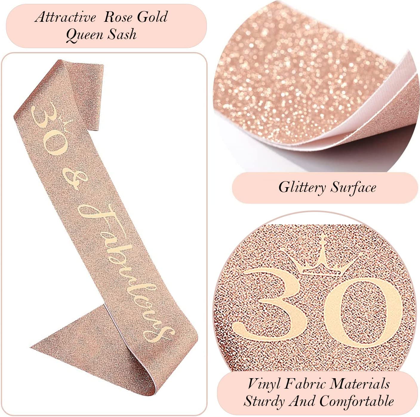 Rose Gold 30th Birthday Decoration Kit, Including Birthday Sash, Crown, Happy Birthday Letters Balloons, Cake Topper and Candles
