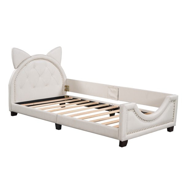 Bunny Shaped Twin Size Upholstery Daybed with Headboard for Kids, White