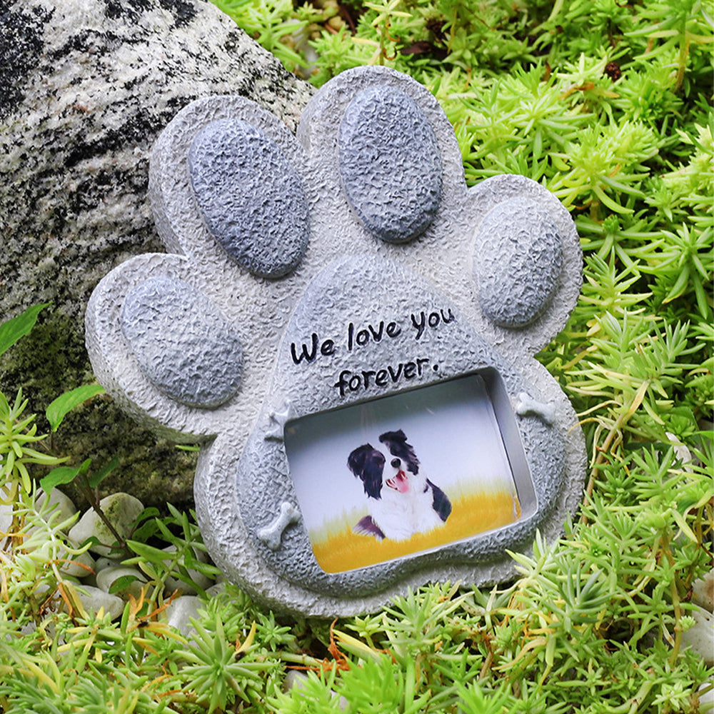 WE LOVE YOU FOREVER Paw Print Pet Memorial Stone, Grave Marker with Customizable Photo Frame Slot, Loss Of Pet Gift, Personalized Dog or Cat Memorial Headstone, 8.25” x 8” x 1.5”