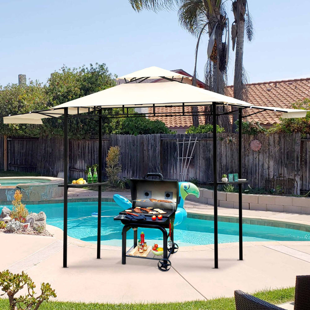 Euroco Patio Grill Gazebo with Bar Counters, Backyard BBQ Grill Shelter Double Tiered Canopy Top with Steel Frame, 12x4.3Ft, Beige