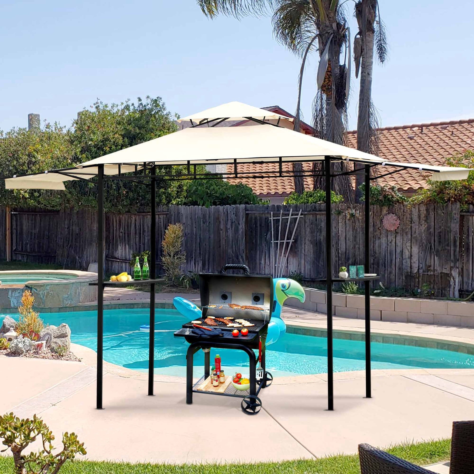 Euroco Patio Grill Gazebo with Bar Counters, Backyard BBQ Grill Shelter Double Tiered Canopy Top with Steel Frame, 12x4.3Ft, Beige