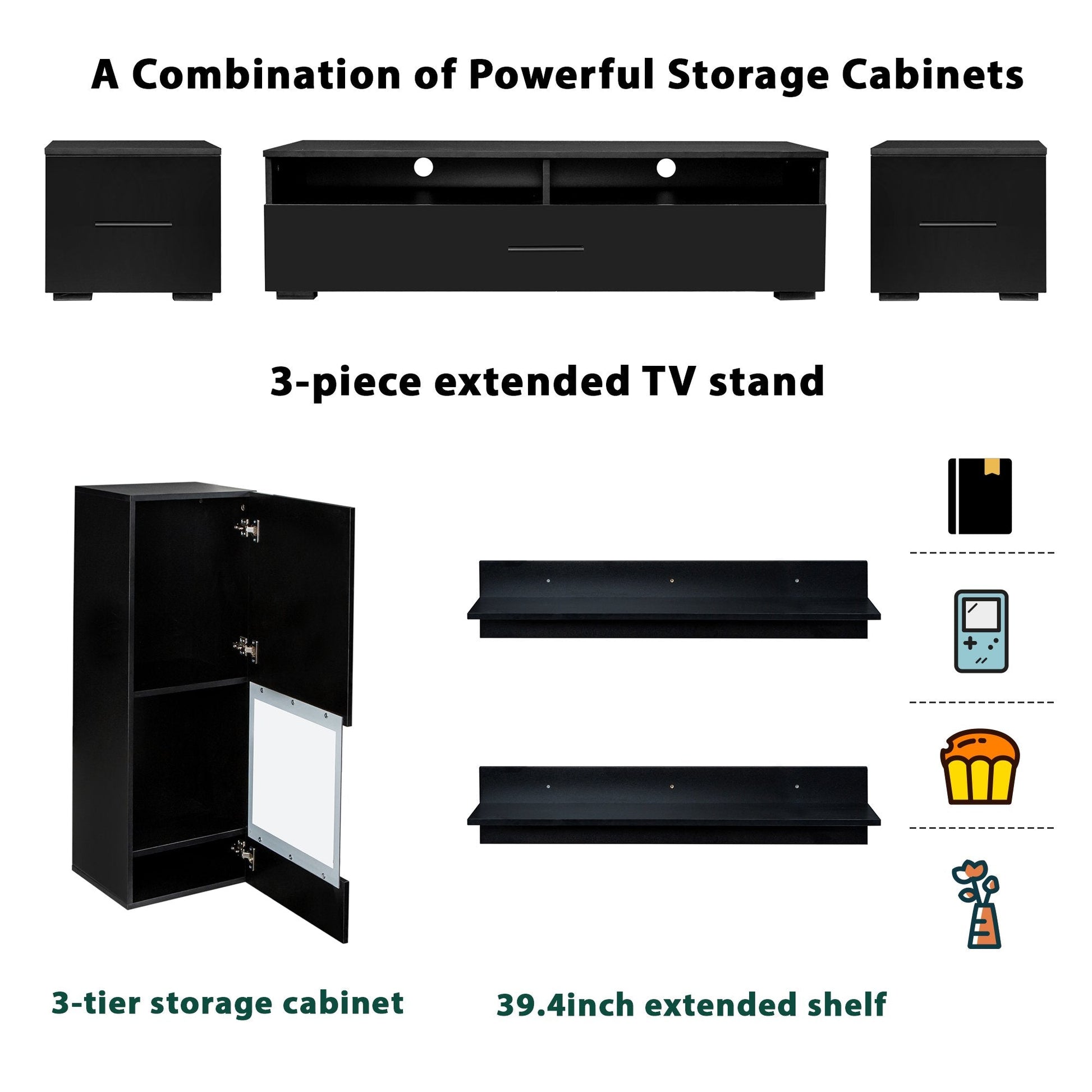 EUROCO 7PCS Floating TV Stand Set Up to 90"+ High Gloss Wall Mounted Entertainment Center with 16-color LED Light Strips,Extended, Minimalist Style,Black