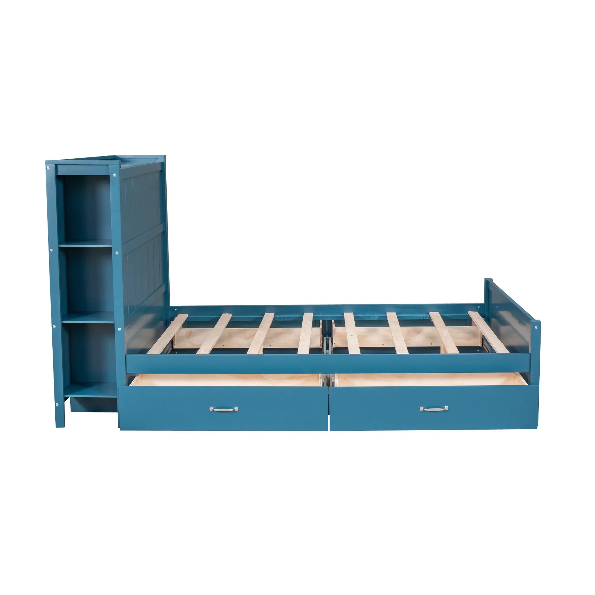 Wood Full Platform Bed with Storage Headboard Shelf and Drawers for Room, Blue