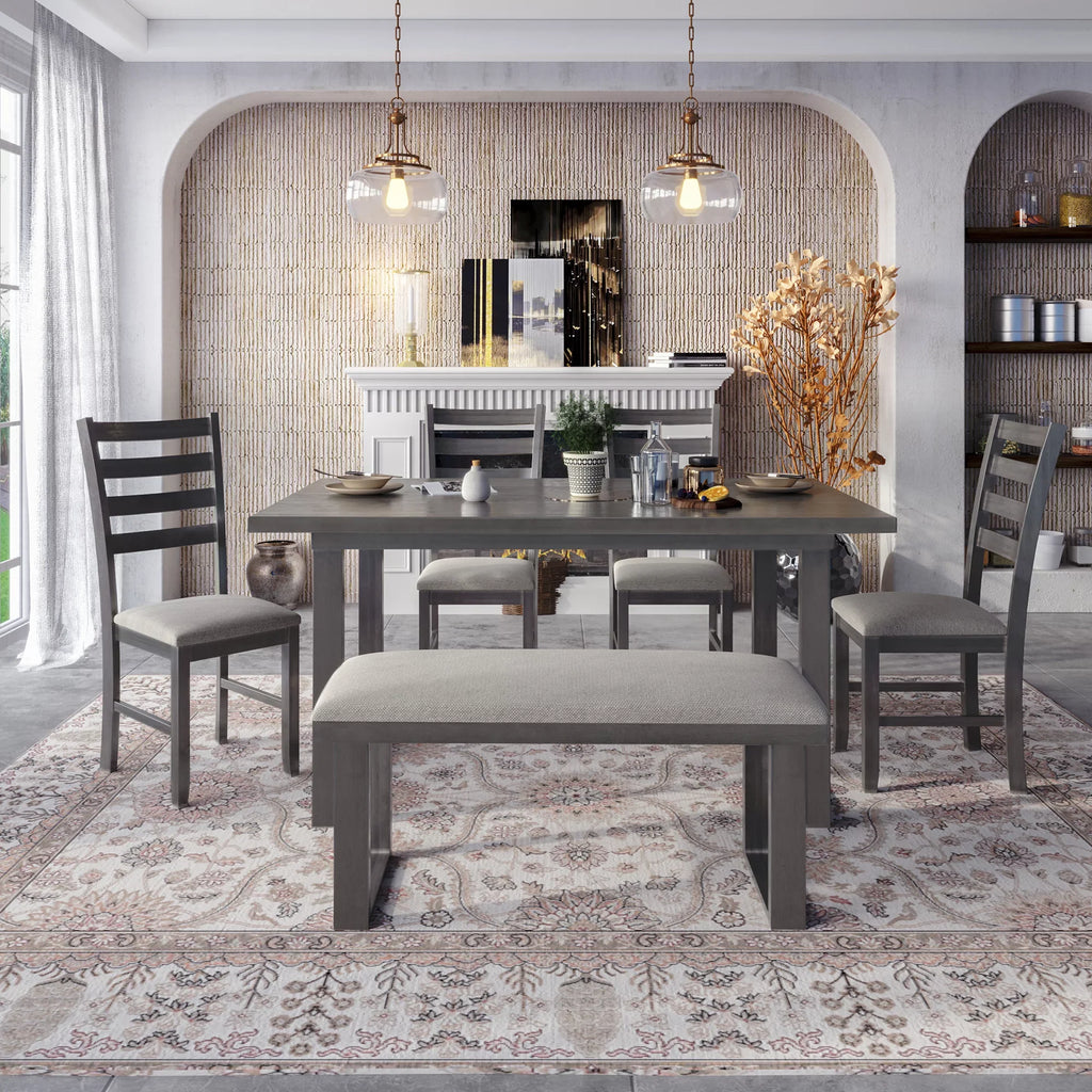 Euroco 6-Pieces Family Furniture, Solid Wood Dining Room Set with Rectangular Table & 4 Chairs with Bench(Gray)