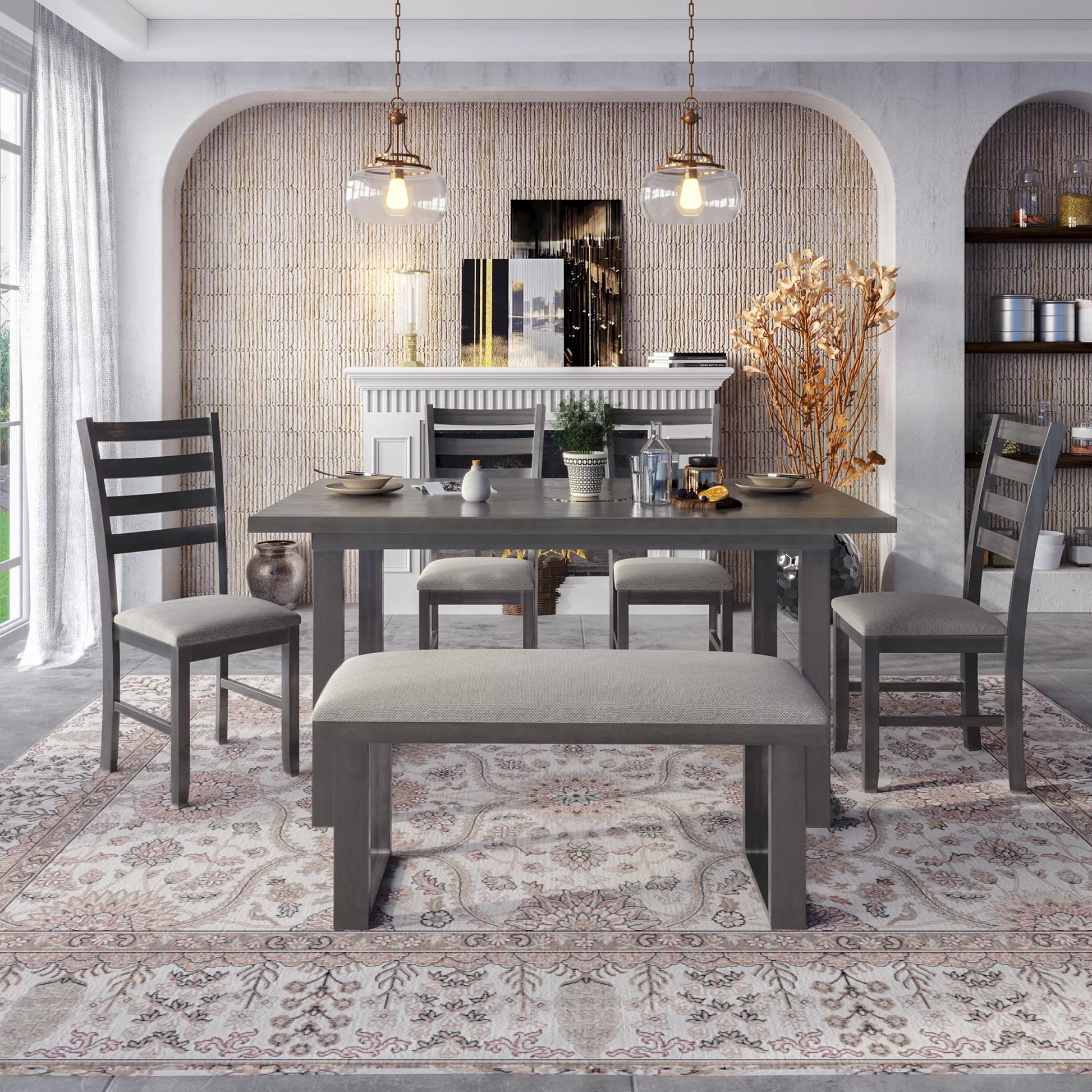 Euroco 6-Pieces Family Furniture, Solid Wood Dining Room Set with Rectangular Table & 4 Chairs with Bench(Gray)