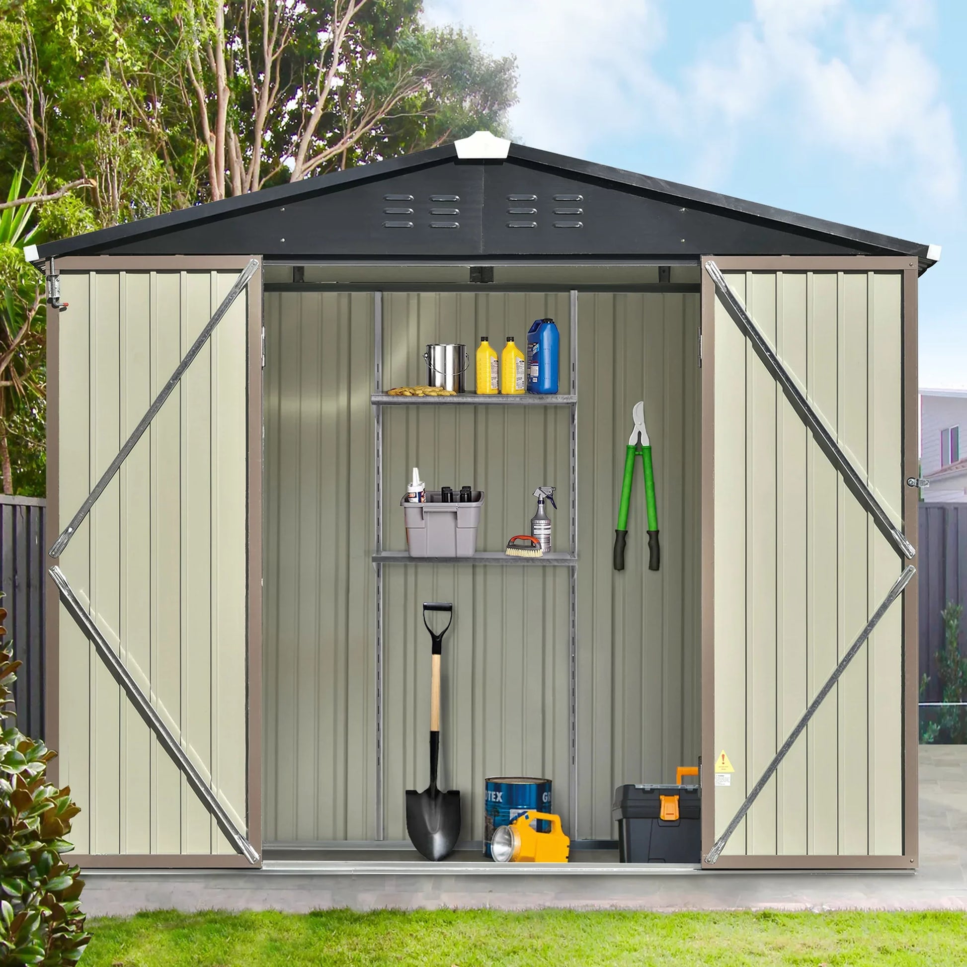 Euroco 8' x 6' Outdoor Metal Storage Shed, Tools Storage Shed, Galvanized Steel Garden Shed with Adjustable Shelves and Lockable Doors, Brown