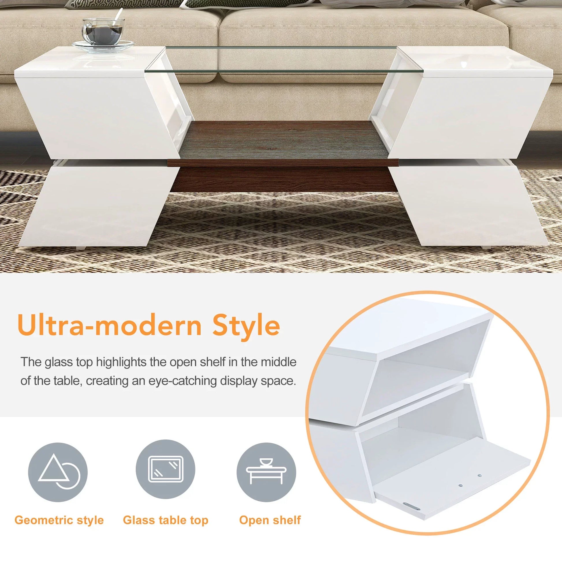 EUROCO Glass-Top Coffee Table with Open Shelves and Cabinets, Geometric Style Cocktail Table with Great Storage Capacity, Modernist 2-Tier Center Table for Living Room, White