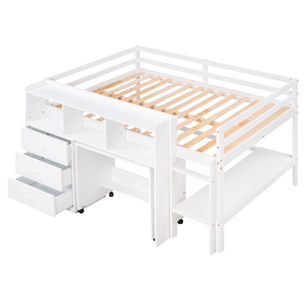 Full Size Pine Wood Loft Bed with Desk, Drawers and a Shelf for Kids Room, White
