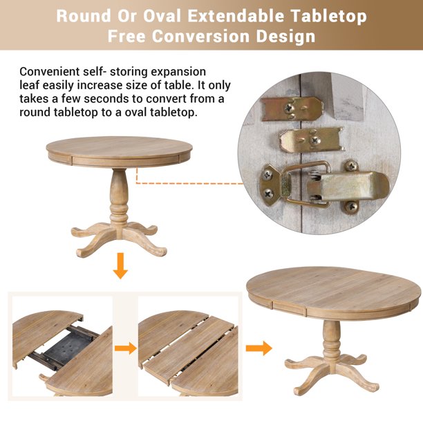 EUROCO 5 Piece Dining Room Table Set,42" Round Dining Table with Extendable Tabletop & Breakfast Nook,Easy Clean Tabletop,Natural Wood Wash