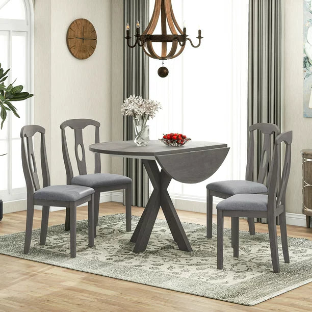 EUROCO 42.1" 5-Piece Wood Round Dining Table with Drop Leaf, Farmhouse Small Dining Table Set with 4 Padded Dining Chairs,Grey