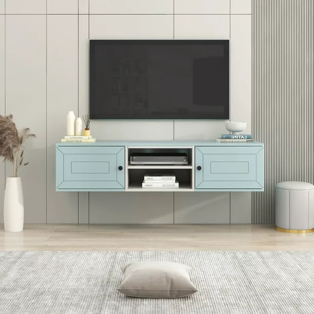 EUROCO Wall Mounted Floating TV Stand Up to 65” with 3 Levels Adjustable shelves & Magnetic Cabinet Door,& Cable Management