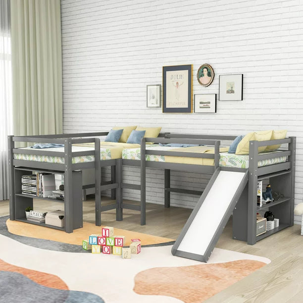 Twin L-Shaped Low Loft Bed with Movable Two-Tier Shelves for Kids, Gray