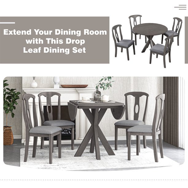 EUROCO 42.1" 5-Piece Wood Round Dining Table with Drop Leaf, Farmhouse Small Dining Table Set with 4 Padded Dining Chairs,Grey
